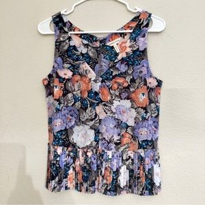 Rebecca Taylor Sleeveless Floral Blouse with Pleated Detail (Size 2)